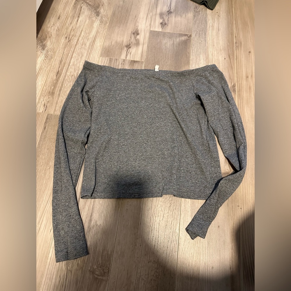 Gray blouse with off the shoulder neckline